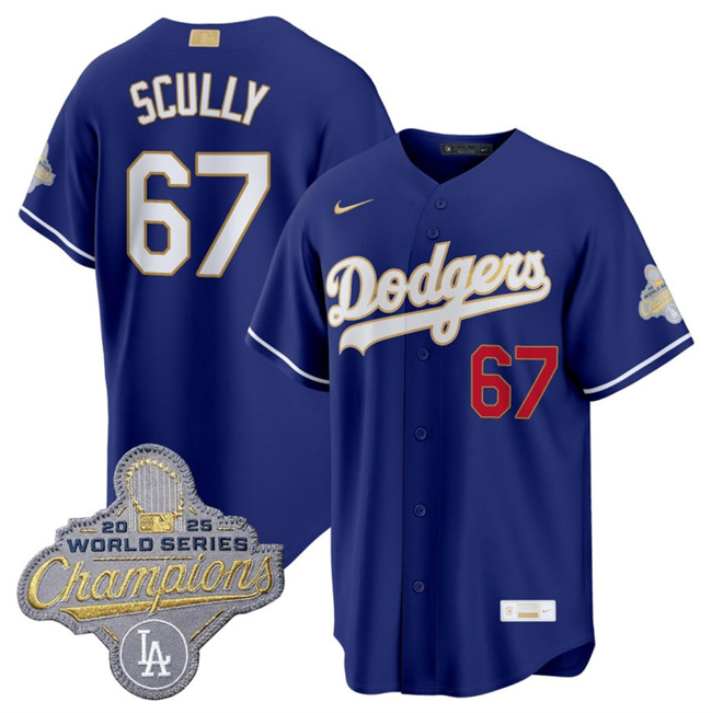 Men's Royal Los Angeles Dodgers #67 Vin Scully 2026 Alternate Gold Collection Stadium Stitched Baseball Jersey